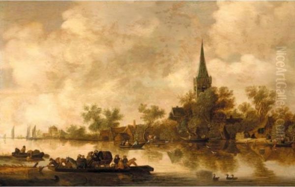 An Estuary Landscape With A Ferryboat And A Church Beyond Oil Painting by Jan van Goyen