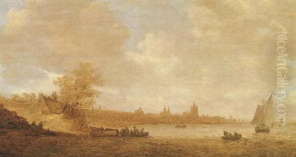 A Cattle Ferry And Other Shipping On The River Rhine Oil Painting by Jan van Goyen