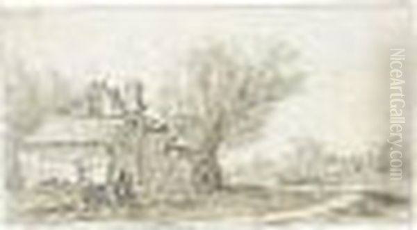 A Sketchbook Sheet: A Cottage 
Beside Trees To The Left, And A Path To The Right And Other Cottages And
 Animals Behind Oil Painting by Jan van Goyen