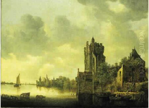 Troupeau De Vaches Dans Un Paysage A La Riviere Oil Painting by Jan van Goyen