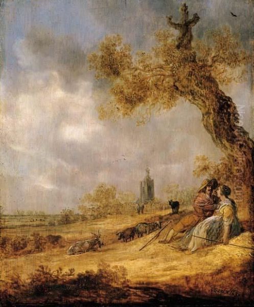 A Landscape With A Shepherd And Shepherdess, A Church Beyond Oil Painting by Jan van Goyen