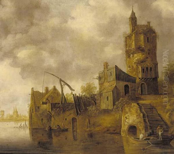 A River Landscape With Figures Unloading A Boat Before A Tower Oil Painting by Jan van Goyen