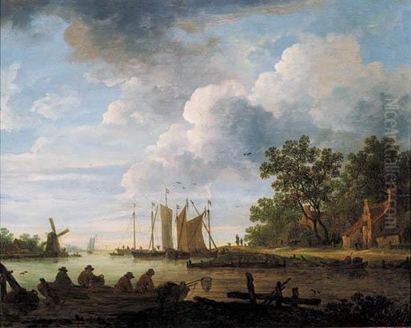 A River Landscape On A Cloudy Day With Fishermen With Lobsterpots In Rowing Boats Oil Painting by Jan van Goyen