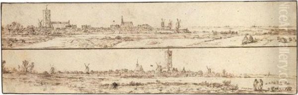 Two Panoramic Views Of A Small Town, One Above The Other On A Single Sheet. Oil Painting by Jan van Goyen