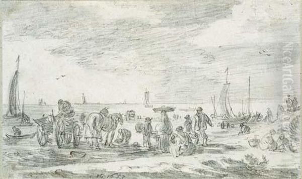 Fishermen On The Beach At Scheveningen Oil Painting by Jan van Goyen