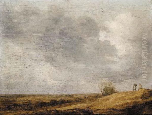 Peasants On A Dune Overlooking An Extensive Landscape Oil Painting by Jan van Goyen