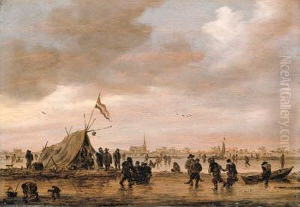 A Winter Landscape With Villagers On A Frozen Waterway Oil Painting by Jan van Goyen