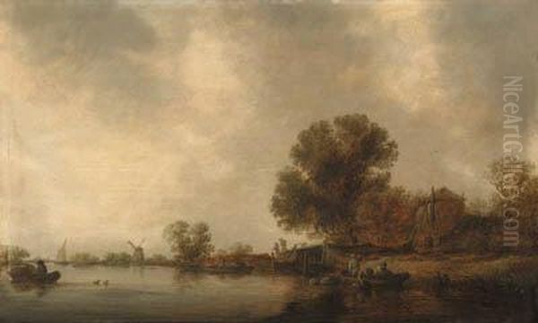 A Wooded River Landscape With Fishermen In A Boat Checking Creelsbefore A Bridge Oil Painting by Jan van Goyen