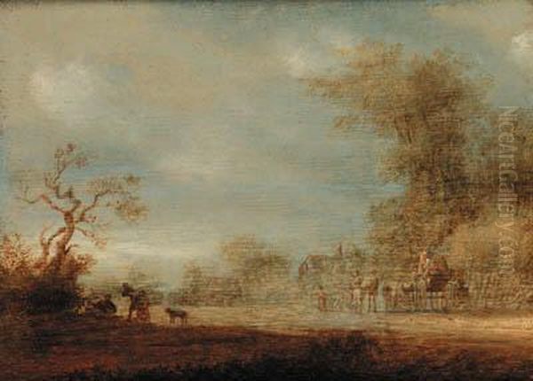 A Wooded Landscape With Figures And A Cart On A Track Oil Painting by Jan van Goyen