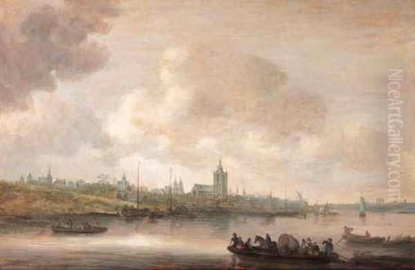 A View Of Arnhem With Fishermen In Rowing Boats In Theforeground Oil Painting by Jan van Goyen