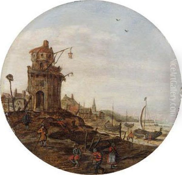 Villagers Skating On A Frozen 
Waterwaybefore A Church; Villagers Ona Frozen Waterway, A Town And A 
Windmill Beyond; Fisherfolk On Abeach By A Tower; And Travellers On A 
Wooded Pathin A Village Oil Painting by Jan van Goyen