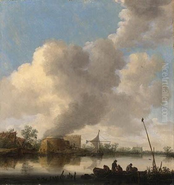 A River Landscape With Fishermen
 In A Rowing Boat, A Lime Kilm,farmhouses And A Church Beyond Oil Painting by Jan van Goyen