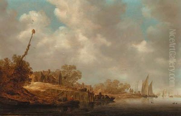 A River Landscape With Fishermen In Boats And A Ferry By A Villagejetty Oil Painting by Jan van Goyen