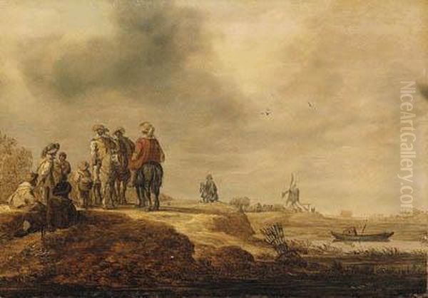 Cavalrymen Halted On A Riverbank, A Windmill Beyond Oil Painting by Jan van Goyen