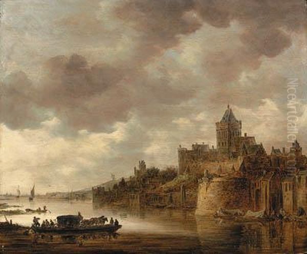 The Valkhof At Nijmegen With A Coach And Horses On A Ferry On Theriver Waal Oil Painting by Jan van Goyen