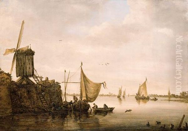 A River Landscape With Men 
Unloading A Waterschip By A Landingstage With A Windmill, Kaags And A 
Smalschip Beyond Oil Painting by Jan van Goyen