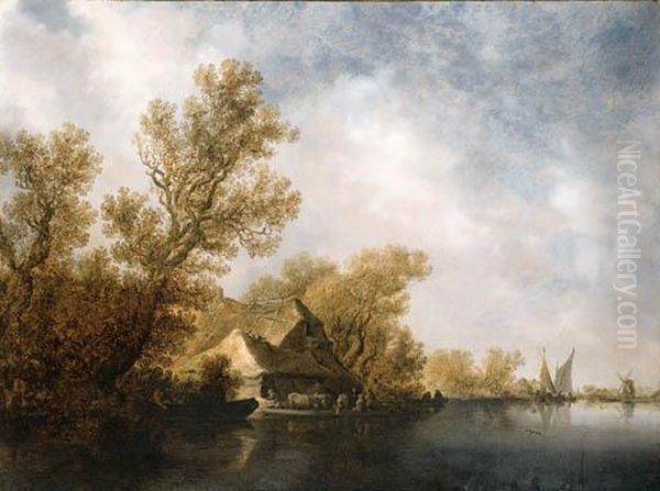 A River Landscape With Passengers And Cows On A Ferry Near Athatched Cottage Oil Painting by Jan van Goyen