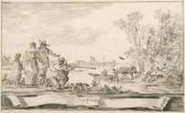 Elegant Company Shooting Birds In An Estuary: A Design For Atitle-page
Signed And Dated In A Cartouche 'j.v. Goijen. 1653'
Black Chalk, Gray Wash, Black Chalk Framing Lines Oil Painting by Jan van Goyen