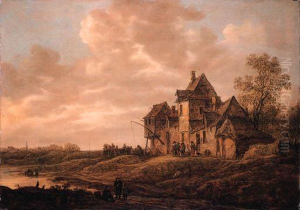 Travellers At An Inn By A River 
With Peasants And A Washerwomannearby, At Sunset, On A Cloudy Day Oil Painting by Jan van Goyen