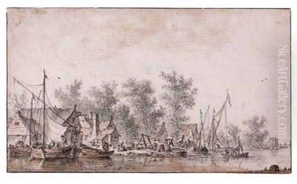 A Village Harbour Along A River Oil Painting by Jan van Goyen