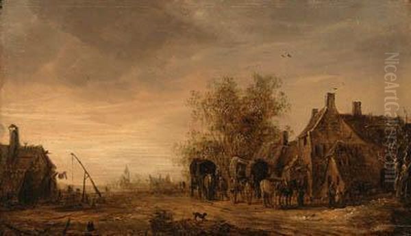 A View Of The Village Of Renkum,
 With Travellers In Wagons Restingon The Roadside By An Inn, The Church 
Beyond Oil Painting by Jan van Goyen