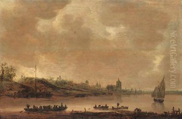 A View Of Arnhem From The South With A Ferry And Shipping On Therhine In The Foreground Oil Painting by Jan van Goyen