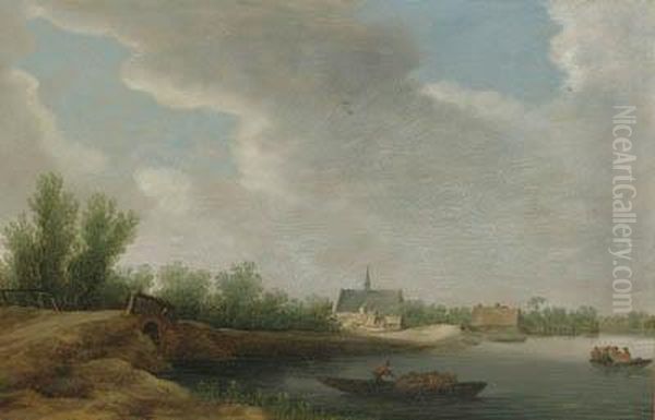 View Of Leiderdorp With Rowing Boats, A Church Beyond Oil Painting by Jan van Goyen