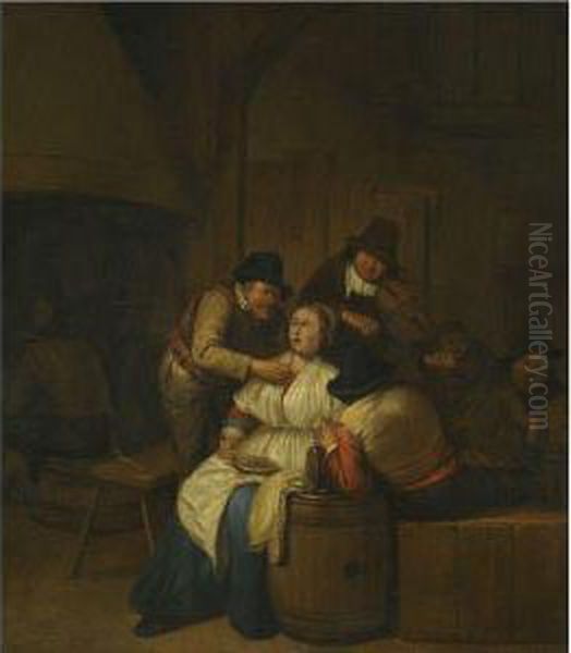 A Tavern Interior With Two 
Peasants Making Advances On A Maid,with Figures Making Music Beyond Oil Painting by Egbert Jaspersz. van, the Elder Heemskerck