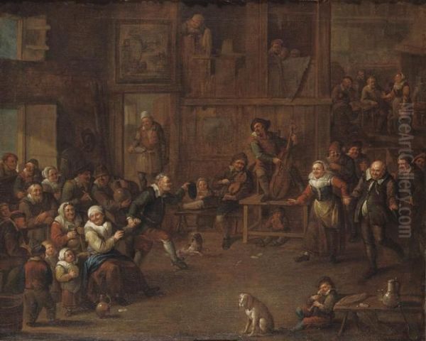 A Peasant Feast In A Barn Interior Oil Painting by Egbert Jaspersz. van, the Elder Heemskerck