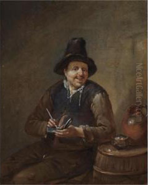 A Peasant Filling His Pipe, Sitting Next To A Barrel Oil Painting by Egbert Jaspersz. van, the Elder Heemskerck