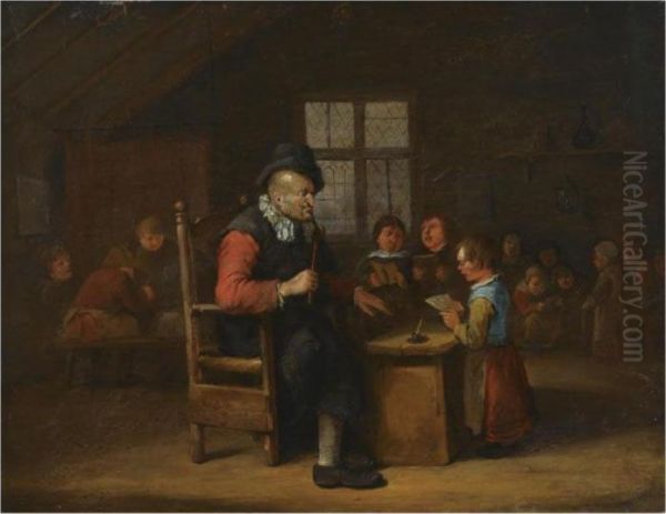 A Schoolroom Interior With A 
Teacher Seated Behind A Desk, A Younggirl Reading, Other Pupils In The 
Background Oil Painting by Egbert Jaspersz. van, the Elder Heemskerck