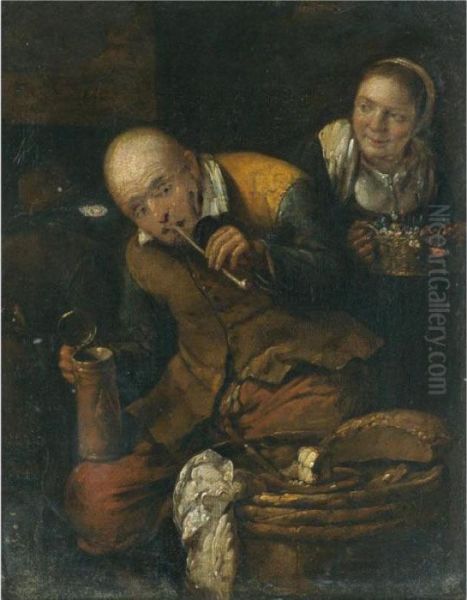 An Interior With A Peasant Couple Drinking, Smoking And Eating Oil Painting by Egbert Jaspersz. van, the Elder Heemskerck