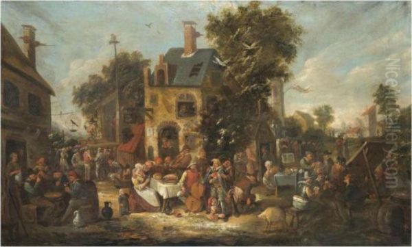 An Outdoor Scene With Villagers Joyously Revelling Outside The Wild Swan Tavern Oil Painting by Egbert Jaspersz. van, the Elder Heemskerck