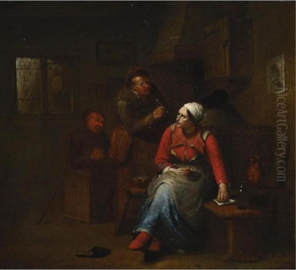 Two Peasants And A Woman In An Inn Oil Painting by Egbert Jaspersz. van, the Elder Heemskerck