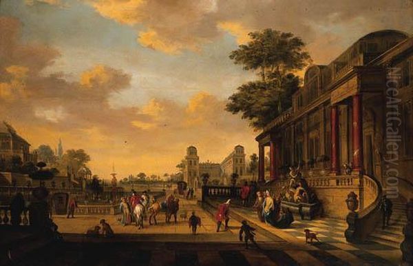 A Capriccio Of A Baroque Palace With A Lady Greeting A Gentleman Ona Terrace Oil Painting by Egbert Jaspersz. van, the Elder Heemskerck