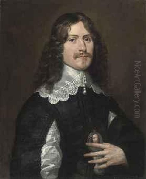 Portrait Of A Gentleman, 
Half-length, In A Black Slashed Doubletand White Lace Collar, A 
Miniature In His Left Hand Oil Painting by Gerrit Van Honthorst