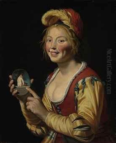 A Smiling Girl, A Courtesan, Holding An Obscene Image Oil Painting by Gerrit Van Honthorst