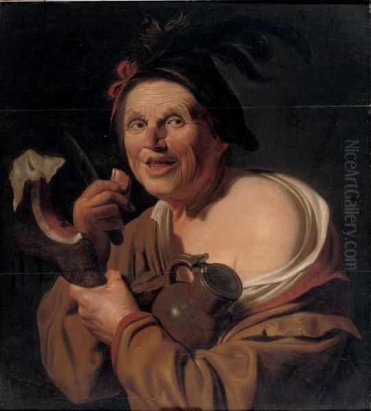 A Man Eating A Slice Of Ham And Holding A Jug Oil Painting by Gerrit Van Honthorst