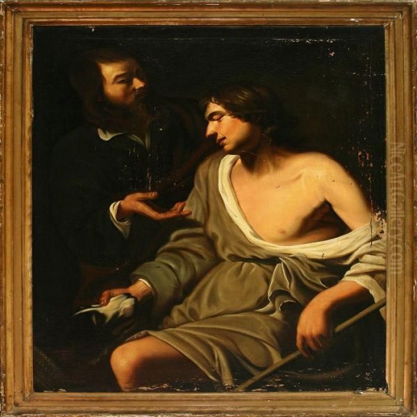 Allegoric Scenery With Two Men And A Dog Oil Painting by Gerrit Van Honthorst