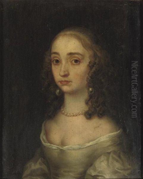 A Portrait Of Mary Henrietta 
Stuart I, Bust-length, In A Beige Dress With A Pearl Necklace And 
Earrings Oil Painting by Gerrit Van Honthorst