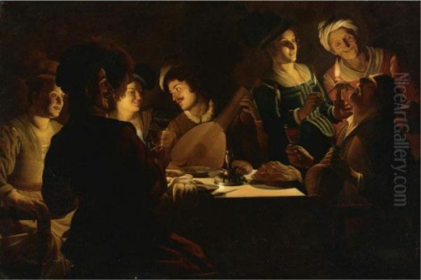 Elegant Figures Eating And Singing In An Interior Oil Painting by Gerrit Van Honthorst