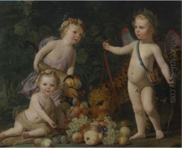 Three Children With Fruit And A Jaguar Oil Painting by Gerrit Van Honthorst