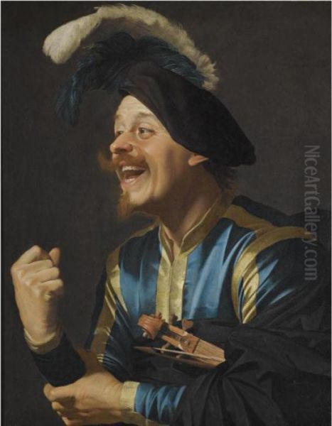 A Laughing Violinist, 
Half-length, Wearing A Blue And Yellow Striped Doublet And A Plumed Cap,
 With A Violin Tucked Under His Arm Oil Painting by Gerrit Van Honthorst