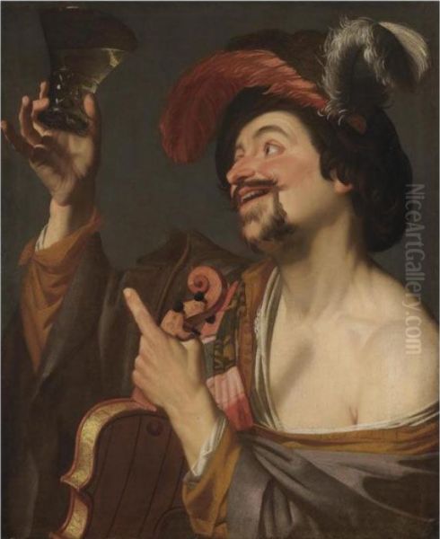 A Merry Violinist Holding A Roemer Oil Painting by Gerrit Van Honthorst