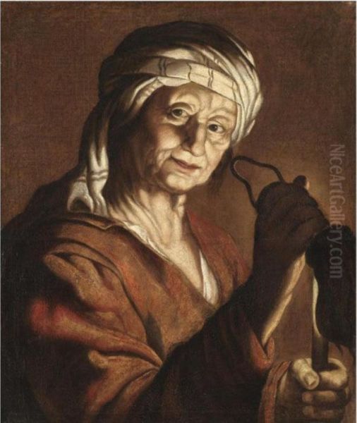 An Old Lady Holding A Candle And An Empty Purse Oil Painting by Gerrit Van Honthorst