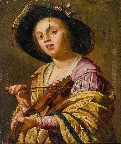 A Young Woman (phyllis) Playing A Violin Oil Painting by Gerrit Van Honthorst