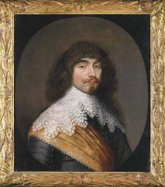 Portrait Of An Officer, 
Bust-length, In Armour, With An Orange Sash And Lace Collar, In A 
Feigned Oval Oil Painting by Gerrit Van Honthorst