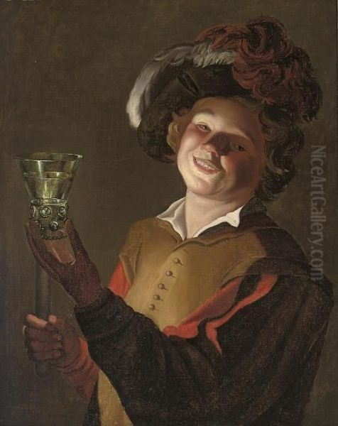 A Laughing Man, A Roemer Of Wine In His Left Hand Oil Painting by Gerrit Van Honthorst