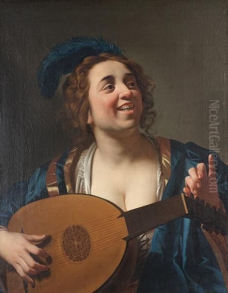 A Woman Tuning A Lute Oil Painting by Gerrit Van Honthorst