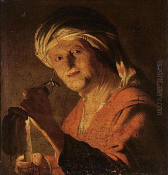 An Old Woman Holding A Candle And An Empty Purse Oil Painting by Gerrit Van Honthorst